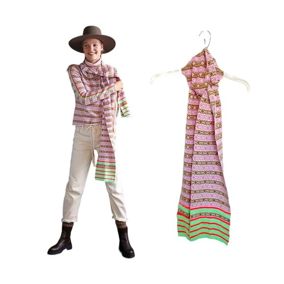 Anthropologie Maeve Knit Winter Striped Scarf Pastel Pink Brown Green NEW - Picture 1 of 10